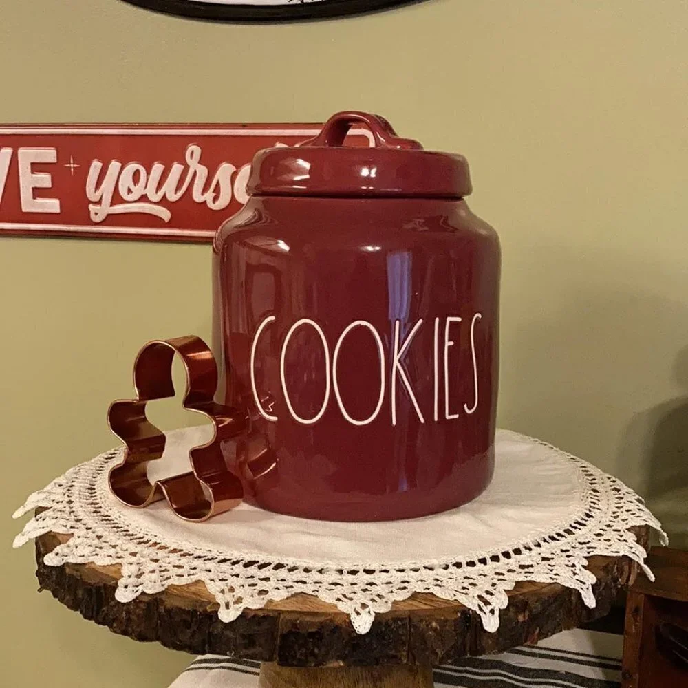 Rae Dunn Burgundy Ceramic Cookies Large Chubby Canister Jar NEW